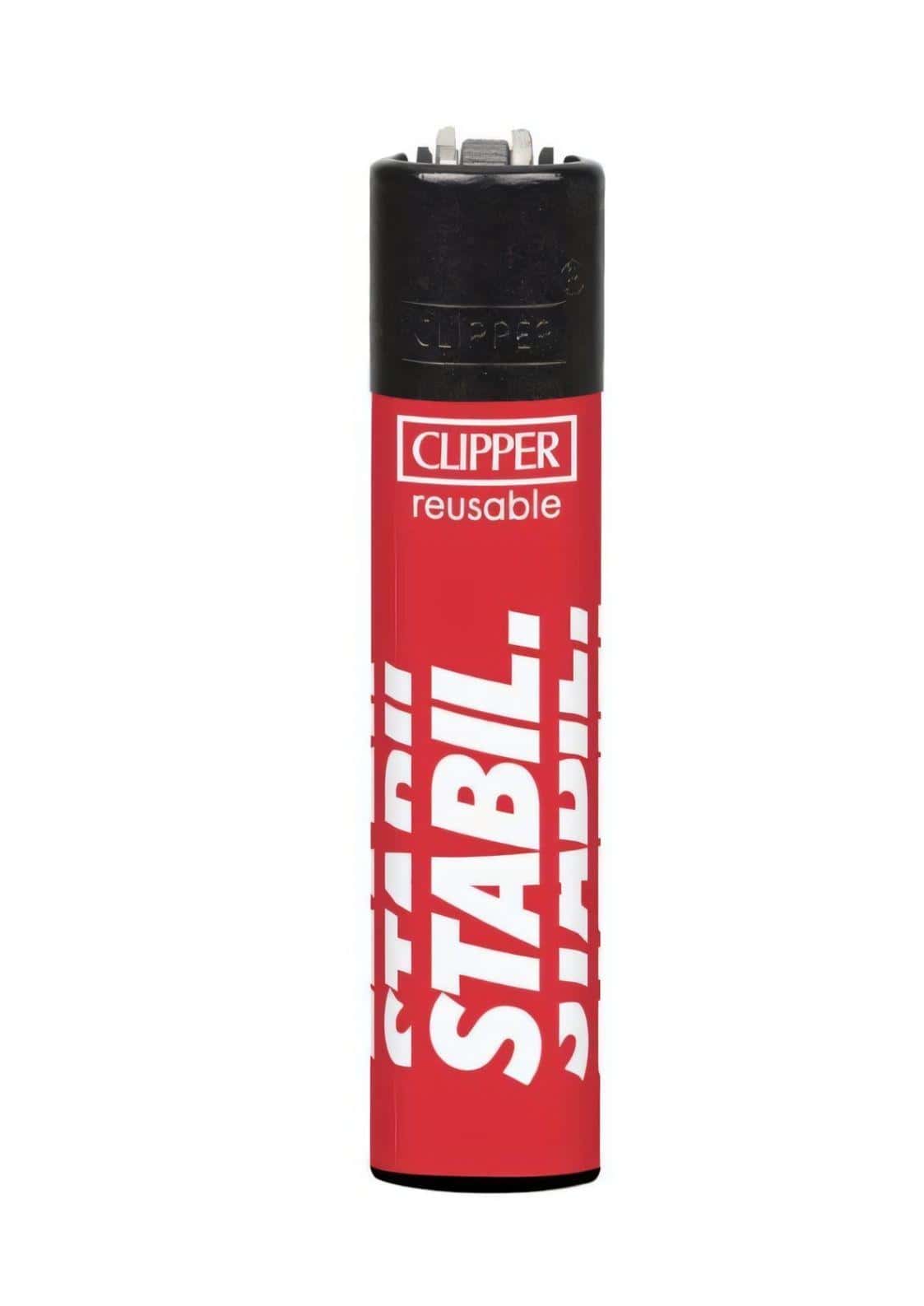 Rotes und schwarzes nachfüllbares clipper feuerzeug mit weißem stabil schriftzug ideal für gothic und horror kleidung